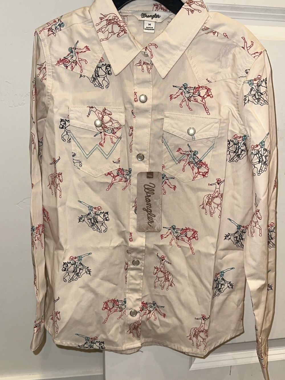 Wrangler trick rider Cream Western pearl snap Shirt with Rodeo Print